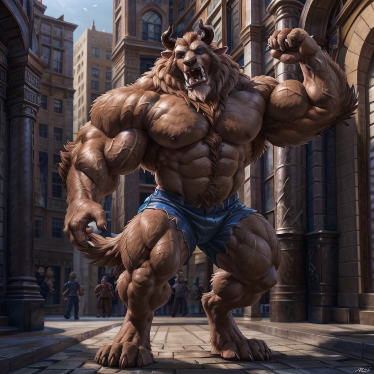 A photorealistic image of the Beast from the movie Beauty and the Beast, super muscular giant, with muscular arms, broad shoulders, giant and toned physique, bursting muscular veins, blue eyes, tail, super furry brown fur, backward facing horns, with veins jumping, barefoot, 50 meter high supergiant in the center of a city Lora:, full height. 4K, high resolution, best quality, (strong pecs, defined muscles, muscular shoulders), correct anatomy, (by Wfa:1.0), (by Takemoto Arashi:1.0), (by Taran Fiddler:0.5), sensual, (pink shorts , topless), sensual shadows, slender posture, open mouth, exposed tongue, open eyes:1, detailed eyes, wearing a blue elegant suit