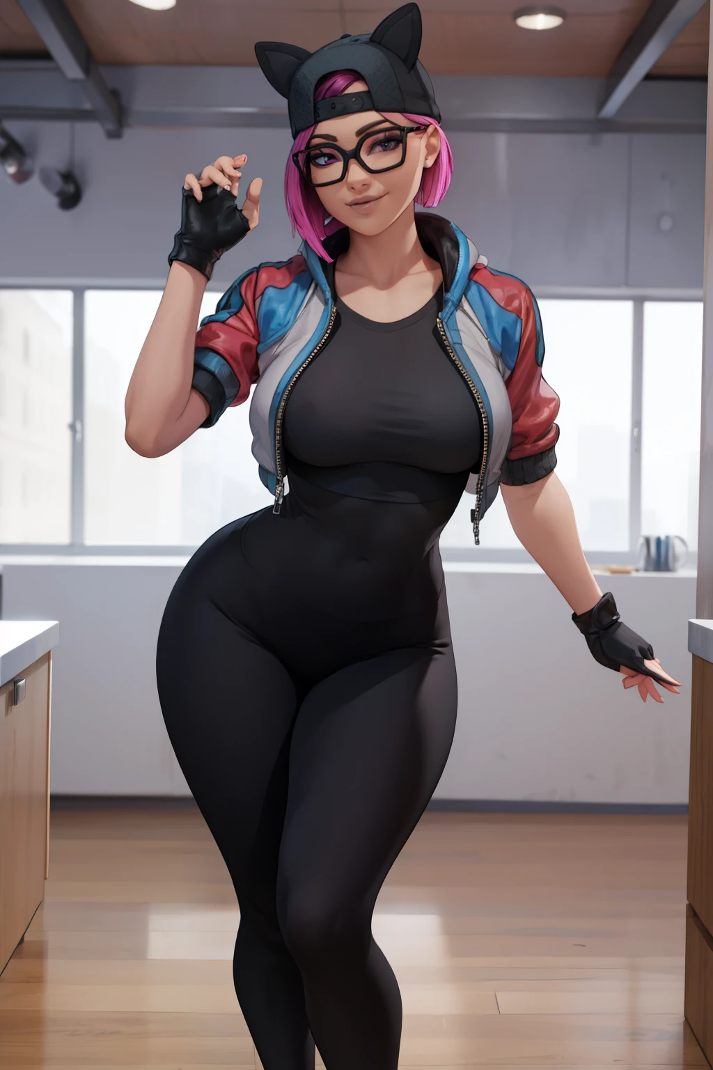 (masterpiece), (best quality), standing, (solo), looking at viewer, high detailed,extremely detailed, fine eyes, smile,dynamic pose, short pink hair,cap,loose black t-shirt, jacket,fingerless glove,curvy,glasses,(gray leggings),(portrait:1.2),