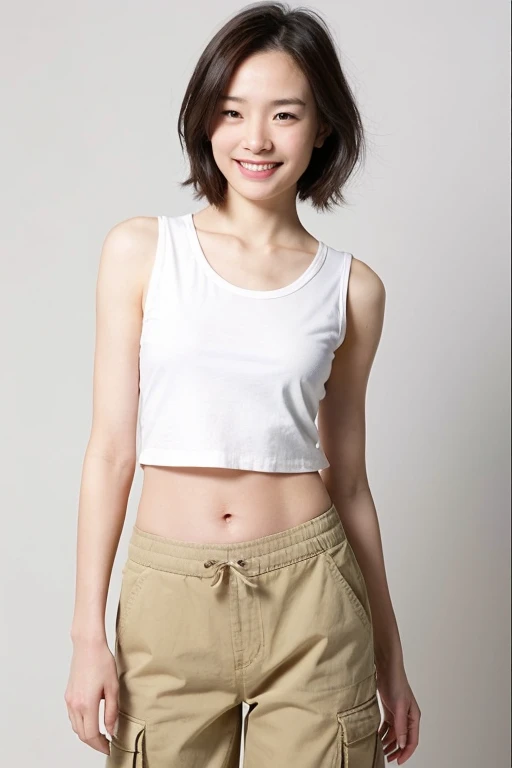 A beautiful and cute middle-aged Japanese woman, an inorganic Snow White background, natural skin, a cute smile with her mouth closed, very short short black hair, a visible forehead, a young-looking face, small build, short stature, White fitted sleeveless t-shirt, cargo pants, natural skin, standing tall, full body photo, serious and honor student atmosphere, correct posture, upper body