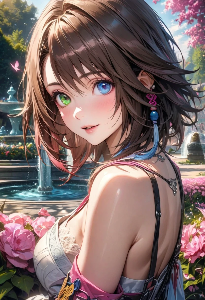 absurdres, highres, ultra detailed, HDR, master piece, ultra detailed picture, extremely detailed face and eyes, Yuna, brown hair, heterochromia, left eye blue, right eye green, Final Fantasy X, solo, woman, extremely beautiful, pink flowers, park, fountain, pink trees, pink butterflies, 