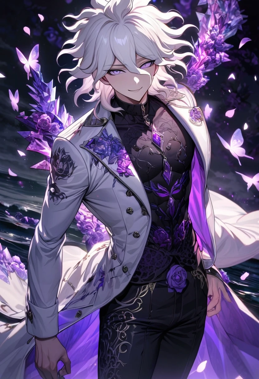 Ultra detailed, HDR, Highres, absurdres, master piece, Komaeda Nagito, white hair, expressive light geen eyes, white long coat with patterns, Danganronpa, black tight shirt, purple glittering butterflies, purple ice, petals, purple ice roses, sexy man, solo, extremely detailed face and eyes, extremely handsome, glittering, black pants, water, smirking, toned chest,