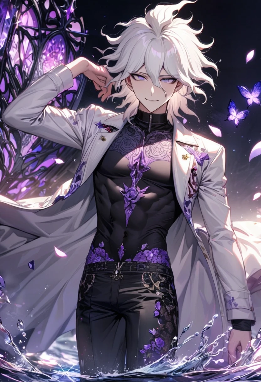 Ultra detailed, HDR, Highres, absurdres, master piece, Komaeda Nagito, white hair, expressive light geen eyes, white long coat with patterns, Danganronpa, black tight shirt, purple glittering butterflies, purple ice, petals, purple ice roses, sexy man, solo, extremely detailed face and eyes, extremely handsome, glittering, black pants, water, smirking, toned chest,