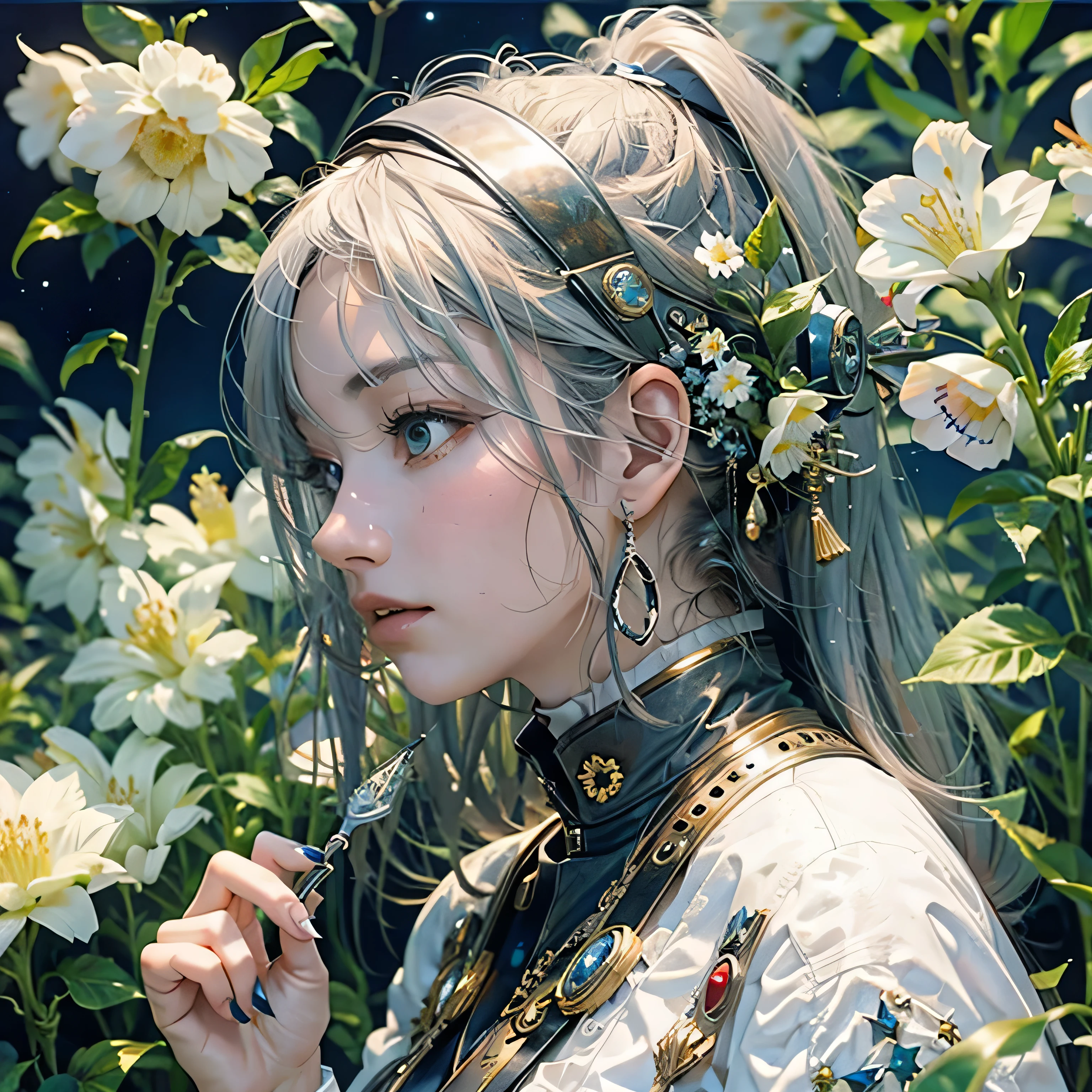 highest quality,Absurd,8k resolution,Official Art, Highly detailed CG Unity 8k wallpaper,masterpiece,(Profile picture),woman,Silver Hair,in spring，Milo Venus