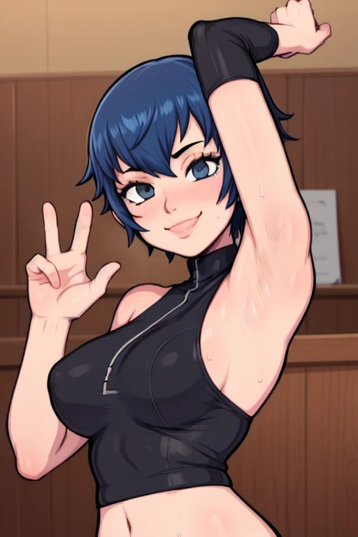 masterpiece, best quality, naoto shirogane, looking at viewer, blue hair, large breasts, upper body, portrait, looking at viewer, seductive smile,both hands raised, armpits, armpits visible, sweaty armpits,