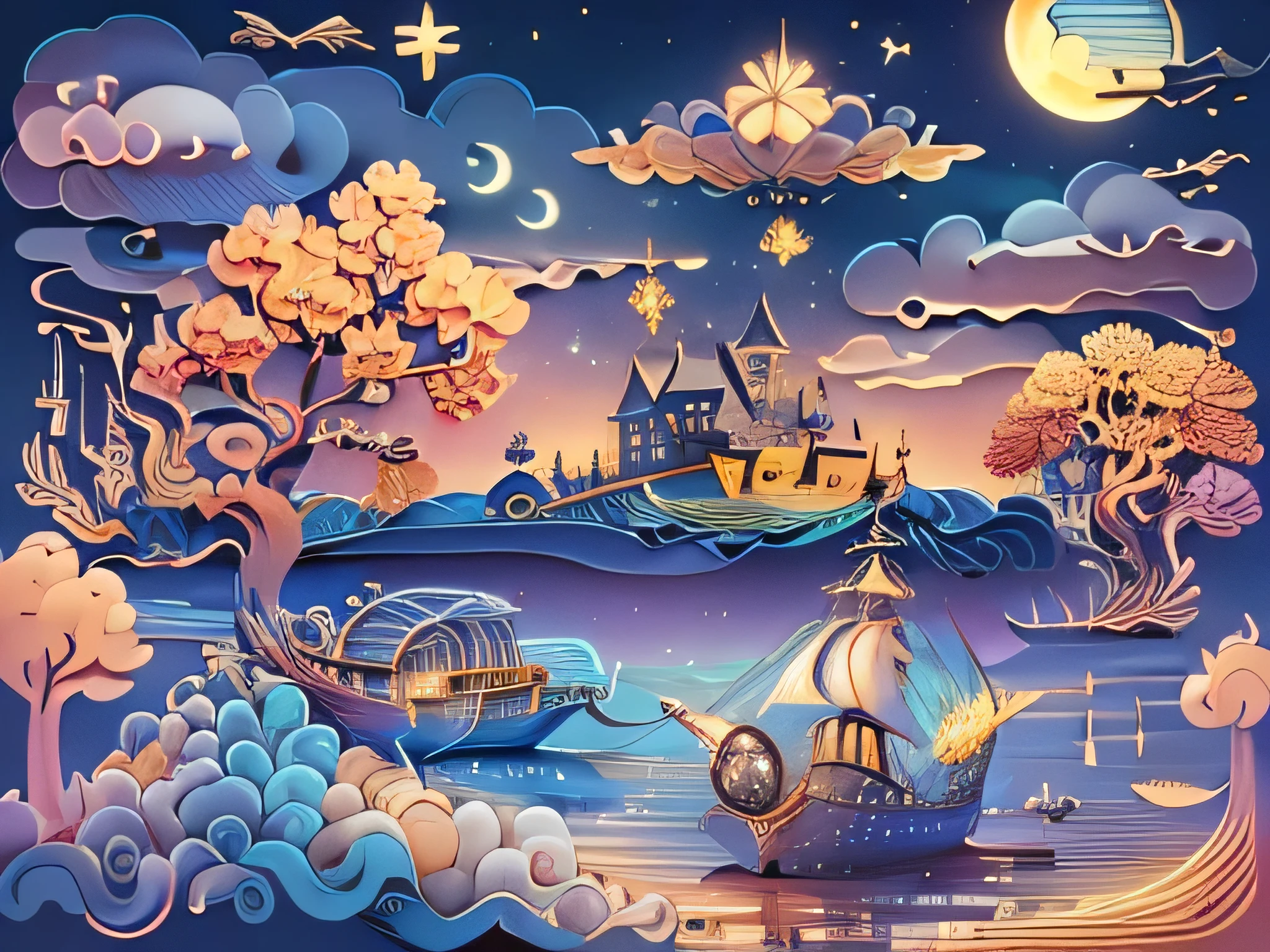 (((masterpiece))),best quality, illustration,  sky, cloud, water, star \(symbol\), tree, no humans, night, bird, moon, building, star \(sky\), night sky, scenery, starry sky, watercraft, castle, ship, waves, tower, boat. vibrant color scheme, Soft light,(warm color:1.2),Water color painting, light background, best quality exquisite details,3d rendering,Octane render, pastel, paper_cut