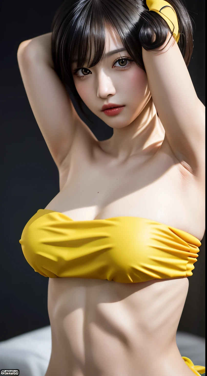 masterpiece, One beautiful girl, (Showing bare armpits:1.6)、detailed, Swollen eyes, (Yellow strapless micro bikini:1.6)、highest quality, 超A high resolution, (reality: 1.4), Original photo, One Girl, Cinema lighting, (Laughter:0.6), Japanese, Asian Beauty, Korean, Proper, Very very beautiful, A  younger face, Beautiful skins,Orange Hair、 slender and small breasts, Yellow strapless micro bikini:1.6、Cyberpunk Background, (超reality的な), (Awareness-raising), (High resolution), (8k), (非常にdetailedな), (The best Awareness-raisingns), (Beautiful and detailed eyes), (超detailedな), (wallpaper), (detailedな顔), Looking at the audience, 細かいdetailed, detailedな顔、Deep Shadow、Inconspicuous、Pure Erotic Face Ace_v1、46 point diagonal bangs、Look straight ahead、Dress neatly、Black eye color、