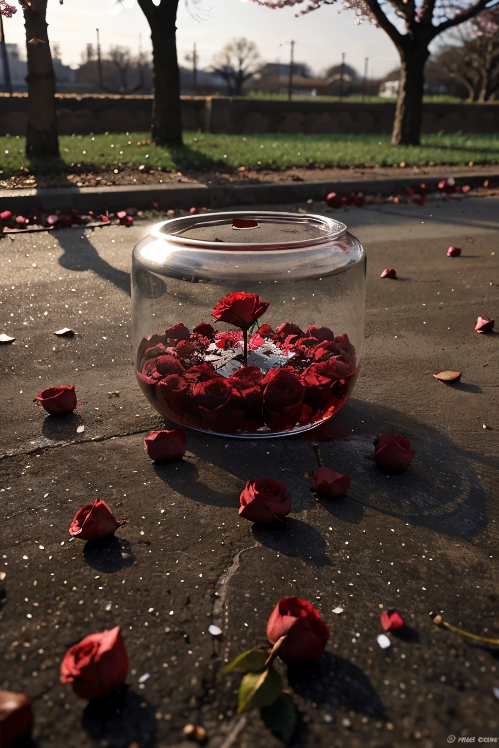 Rising glass coming out of the ground near a cherry tree with rose petals scattered across the ground 