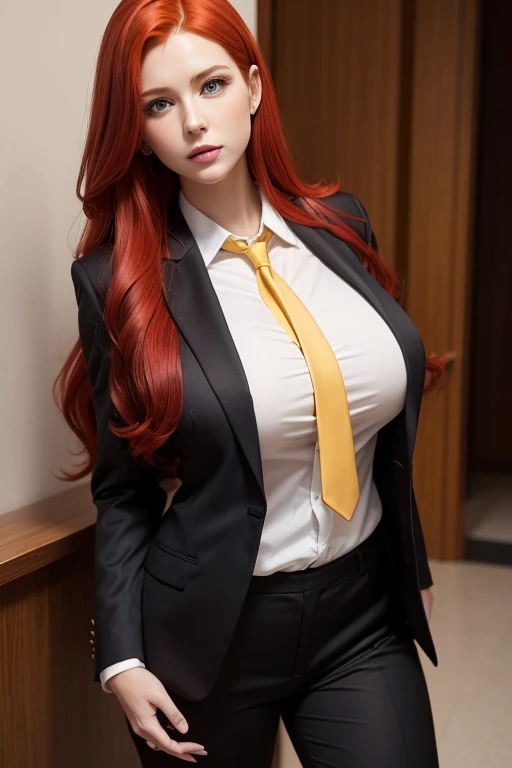 Huge longest red hair and biggest breasts, sarah Harris , wearing a yellow-black business suit with shirts white
