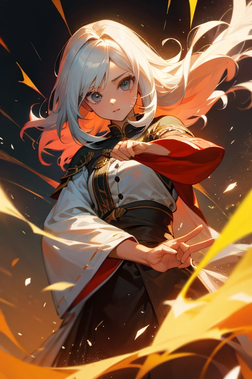 gente femenina, pelo blanco, pelo largo, ojos rojos, Historia misteriosa, magia de fuego, Obra maestra, mejor calidad, ultra detallado, cara detallada, ojos detallados, Historia misteriosa, Colores vibrantes, 32K resolution, Excelente pintura con extremo detalle, foto ultra realista