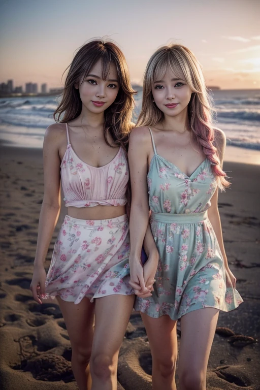 (2 girls:1.5),masterpiece, best quality, ultra quality, high quality, realistic, photo realistic, warm lighting,natural lighting,cinematic lighting,RAW photo, hyper detailed, intricate detailed, perfect anatomy, Fujifilm XT3,1girl,Japanese,(gyaru:1.3),(slender abs:1.3),(dark tanned skin:1.3),(sunburn tanline:1.3), (cleavage:1.3),large hip,(camel toe:1.2), (Dark blonde and pink mideum girly hair over one eye:1.2), (from front:1.5),(smile:1.3),(blushing:1.3),teary eyes,(standing:1.2),sunset,magic hour,blue moment,(walking:1.3),(beach,near the wave:1.1),(mideum shot), BREAK (wearing pastel color knee length sundress with floral pattern:1.3),(wind lift skirt:1.3), gal.safetensors,nipples stand,