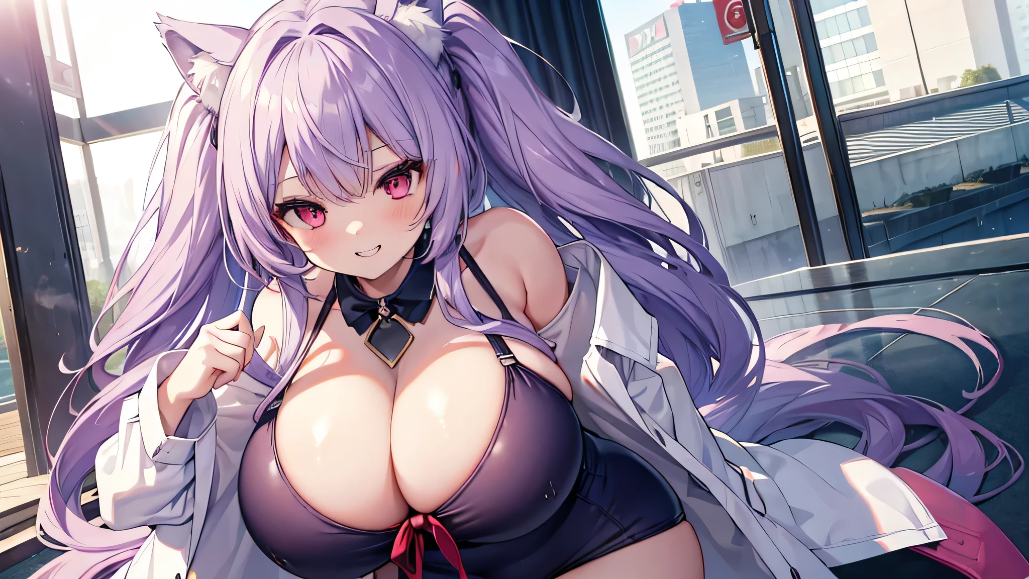 Wolf Girl, Large Breasts, Voluminous light purple hair, masterpiece , Red eyes, hd, Thick thighs, Head to Chest, buried in my chest、Double teeth、tooth、Chubby、Grinning、School Swimsuit、Big Tits