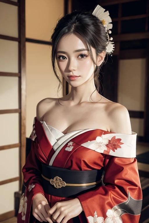 Japanese sword, arms, knife, Sharp, Female Swordsman, High-class kimono, Gorgeous Japanese clothing, Twelve-layered kimono, (Off the shoulder:1.3), Ultra-wide shot, arms