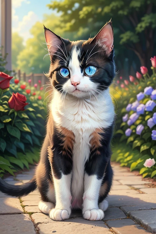 ((best quality)), ((masterpiece)), (detailed), one small black and white cat with blue eyes driving a car pass a garden of roses.