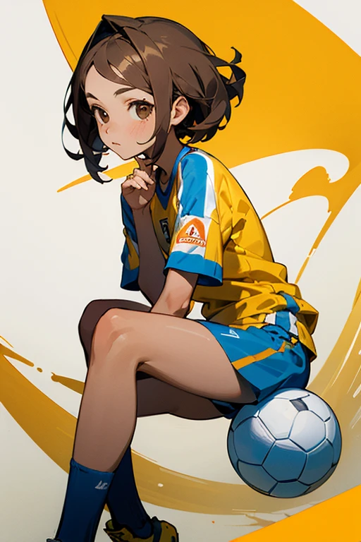 ((mejor calidad)), ((Obra maestra)), (detallado), girl with very short dark brown hair, dark brown eyes, skin a little tanned and wearing soccer clothes