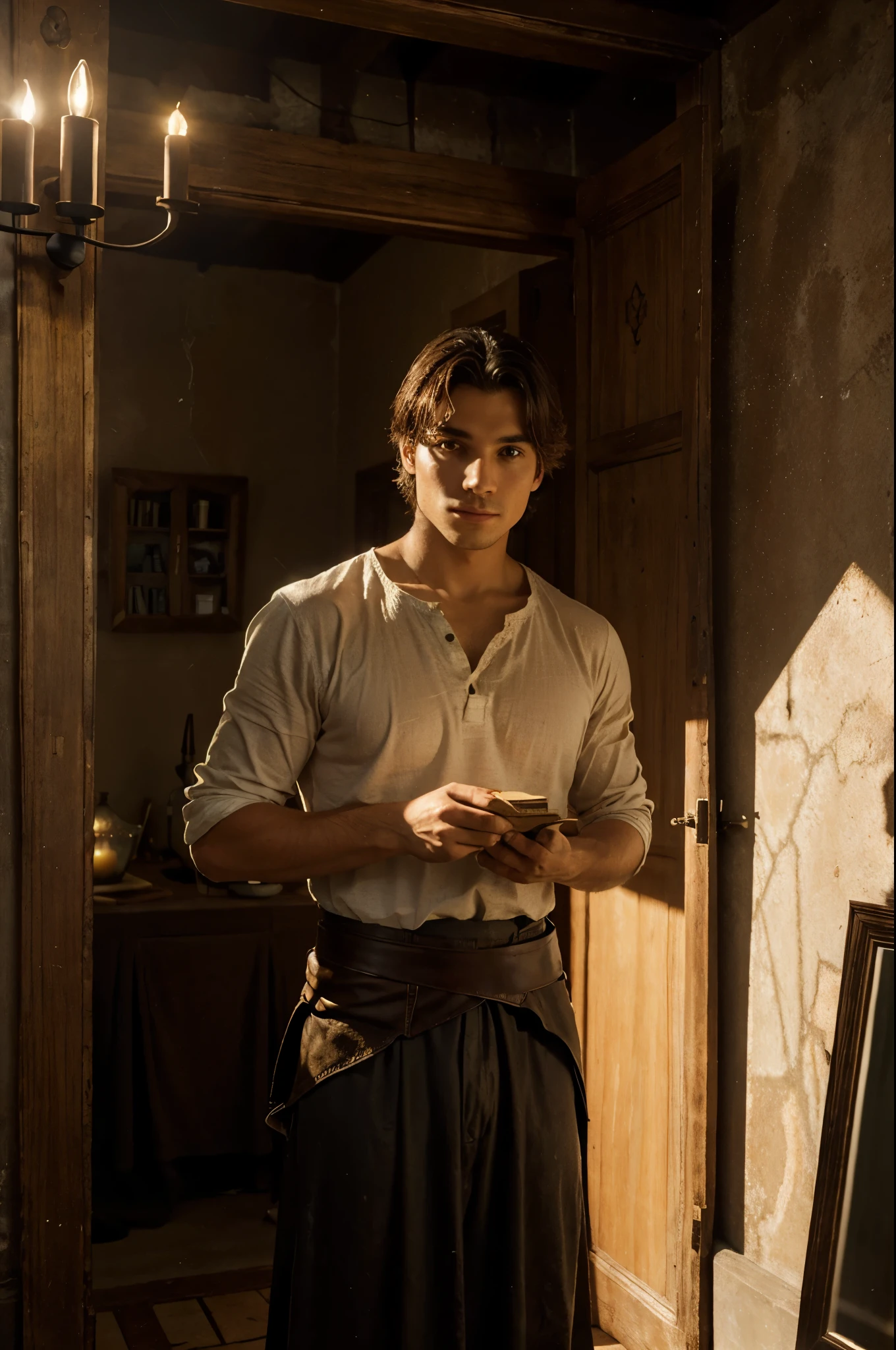 In the center of a room illuminated by the soft light of dawn, se encuentra un espejo antiguo con un marco de madera tallada, colgado en la pared. The mirror reflects the figure of a young man with a shocked expression on his face, mientras mira a su doble, un hombre vestido con ropas del siglo XVIII, whose eyes seem to contain a gleam of ancient wisdom. Alrededor del espejo, se encuentran detalles que sugieren la presencia de la magia y el misterio: velas encendidas que parpadean con una luz titilante, old books with worn leather covers and magical symbols traced on the walls. En el fondo, fantastic landscapes are glimpsed that suggest the unknown worlds that Charles and Nathaniel will explore together on their epic adventure.