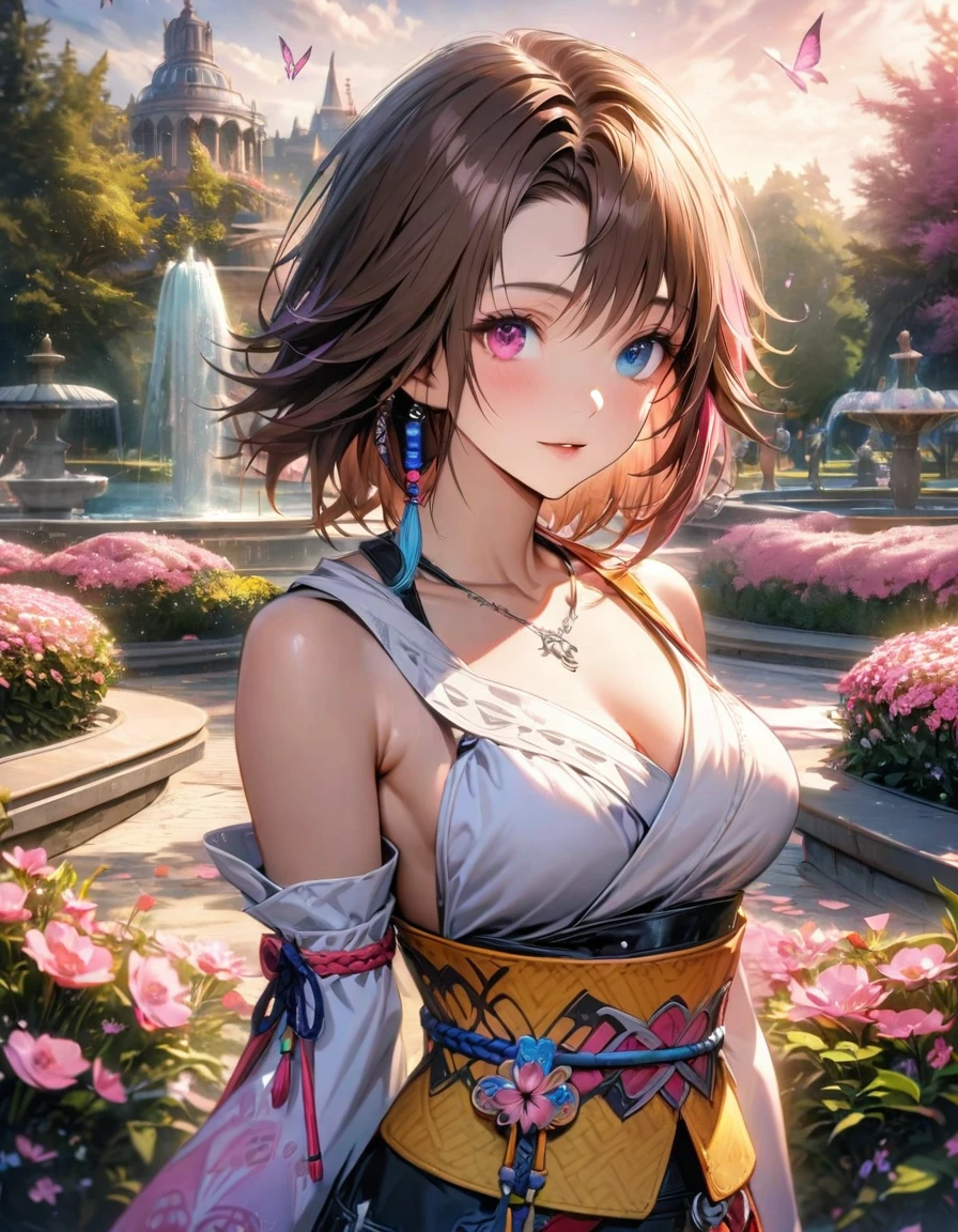 absurdres, highres, ultra detailed, HDR, master piece, ultra detailed picture, extremely detailed face and eyes, Yuna, brown hair, heterochromia, left eye blue, right eye green, Final Fantasy X, solo, woman, extremely beautiful, pink flowers, park, fountain, pink trees, pink butterflies