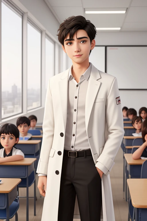 A 21-year-old man, with short black hair, a more harmonic face, open gaze, and brown eyes, Wearing a white coat in classroom