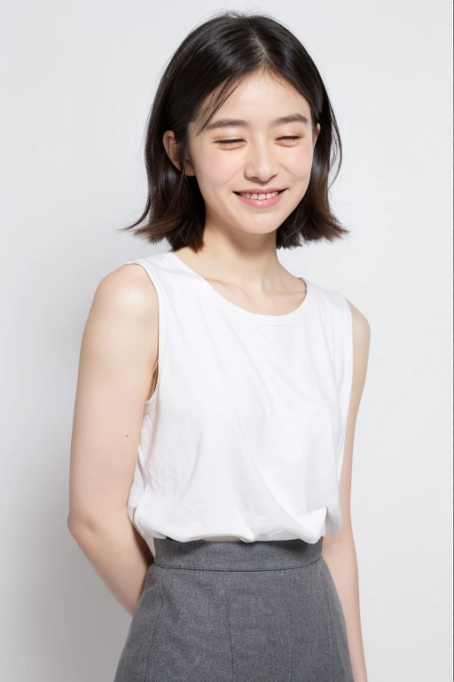A beautiful and cute middle-aged Japanese woman, an inorganic Snow White background, natural skin, a cute smile with her mouth closed, very short short black hair, a visible forehead, a young-looking face, small build, short stature, White fitted sleeveless navel-baring T-shirt, cotton tiered long skirt, natural skin, standing straight, full body photo, serious and honor student atmosphere, correct posture, upper body