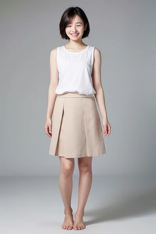A beautiful and cute middle-aged Japanese woman, an inorganic Snow White background, natural skin, a cute smile with her mouth closed, very short short black hair, a visible forehead, a young-looking face, small build, short stature, White fitted sleeveless navel-baring T-shirt, cotton tiered long skirt, natural skin, standing straight, full body photo, serious and honor student atmosphere, correct posture, upper body
