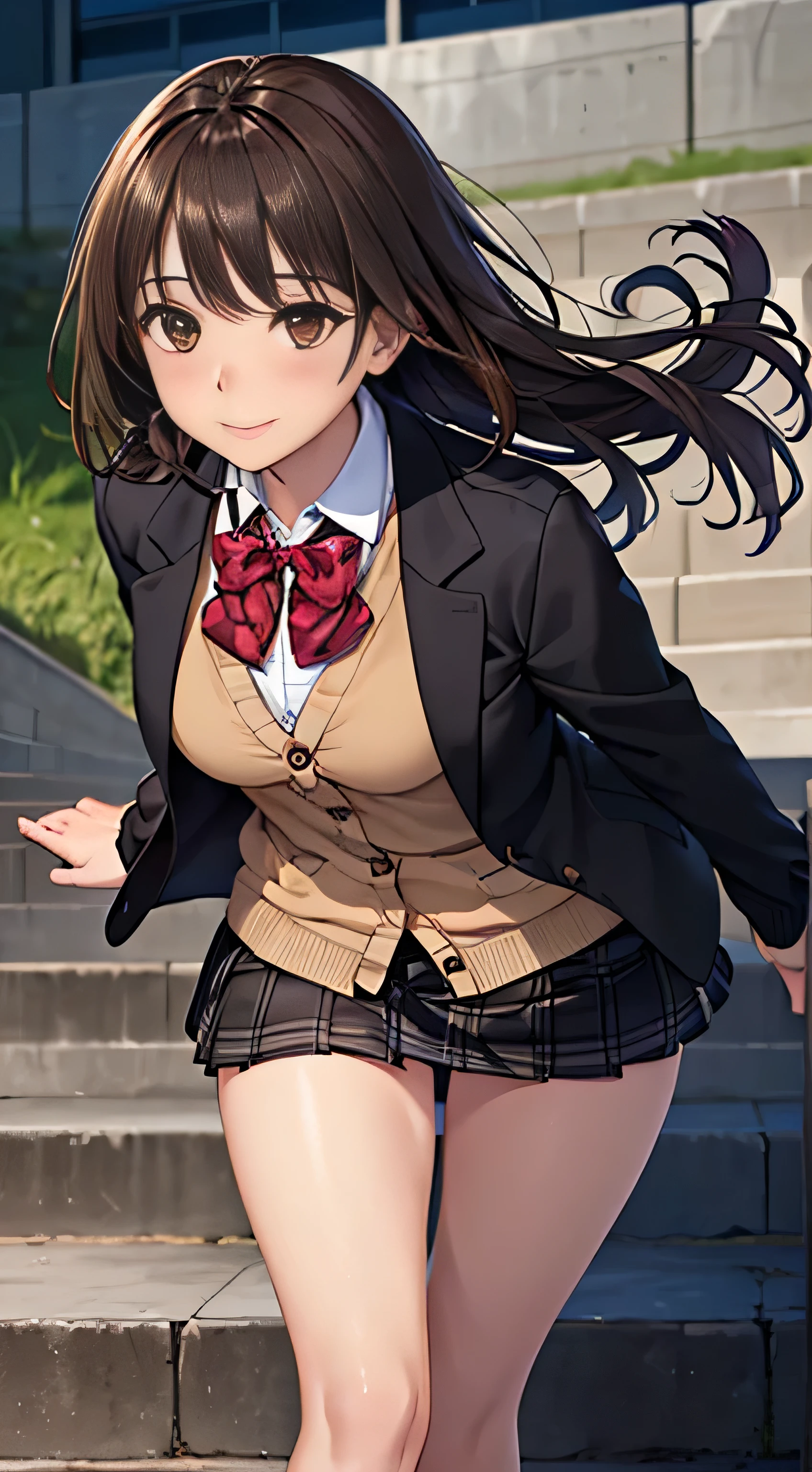 ((Tabletop, highest quality, High resolution, Hmph, Perfect Pixel, 4K, Hmph, Hmph))), One Girl, single, alone, Beauty、The whole body is visible、 ((Mid-wave hair, bangs, Brown Hair)), ((Brown eyes, Beautiful eyelashes, Realistic eyes)), ((Detailed face, Blushing:1.2)), ((Smooth texture:0.75, Realistic texture:0.65, Realistic:1.1, Anime CG Style)), Medium chest, Dynamic Angle, Perfect body, ((Red bow tie, , Black jacket, Open jacket, Brown cardigan, White shirt, Black Skirt, Checked skirt)), City stairs、Looking up from the bottom of the stairs、Very embarrassing panic smile, looked back、Leaning forward、(The wind blew up her skirt, exposing her buttocks....................、Touch your buttocks with both hands、Light pink floral lace panties)、