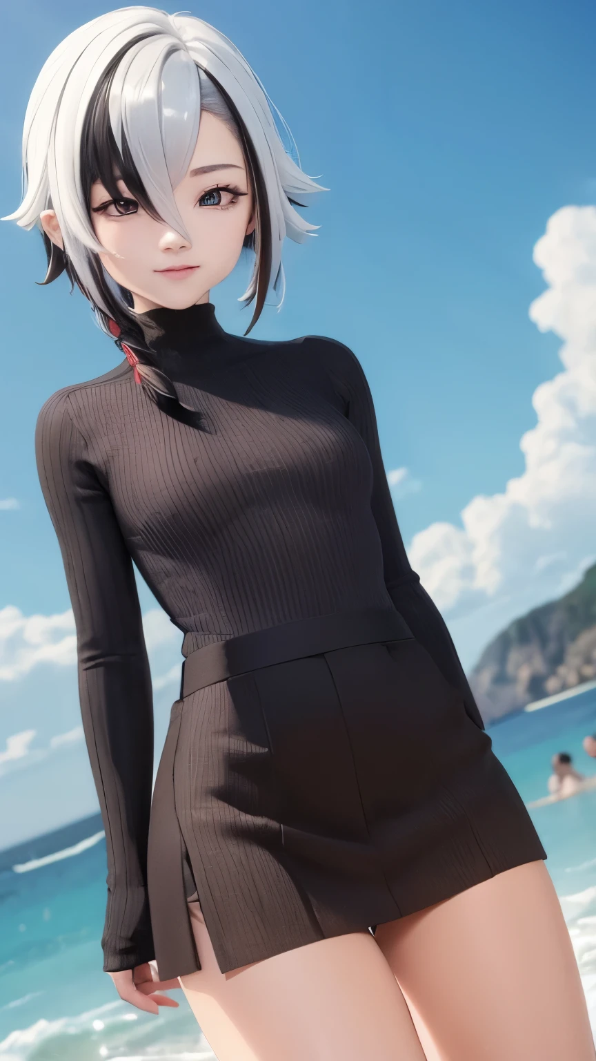 (((masterpiece)),((Ultra Detailed)),(Light),(Dynamic Angle),,Mid-chest,White hair,Black Hair,Colorful Hair,short hair,Straight Hair,Long braids,发Light的红眼睛,Red X pupil,Pink Turtleneck Sweater,miniskirt,Lovely little kids,The smile iood-looking,whole body,Realistic style,Background sea,reality