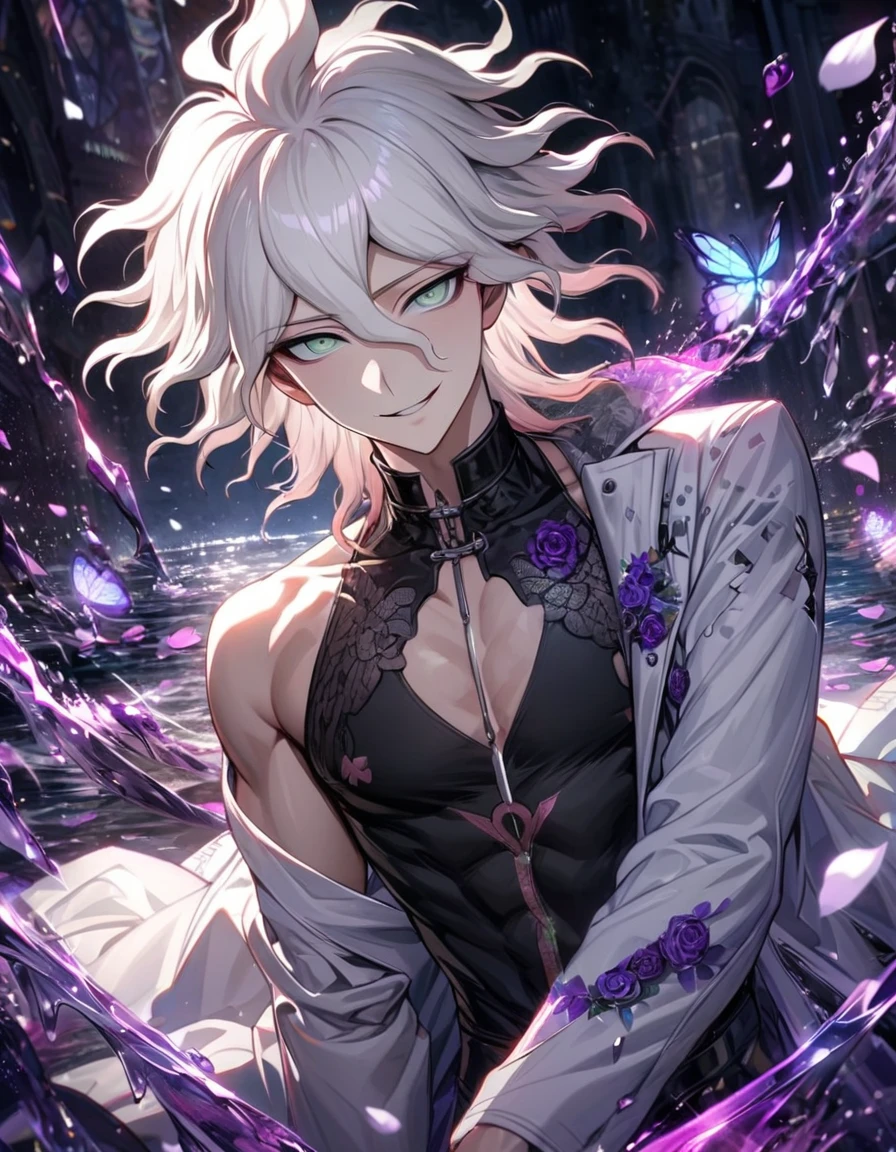 Ultra detailed, HDR, Highres, absurdres, master piece, Komaeda Nagito, white hair, expressive light green eyes, white long coat with patterns, Danganronpa, black tight shirt, purple glittering butterflies, purple ice, petals, purple ice roses, sexy man, solo, extremely detailed face and eyes, extremely handsome, glittering, water, smirking, toned chest, black gloves