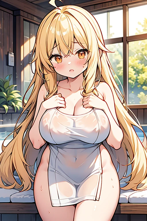girl、high school student、Blonde、Hair that flies around、long hair、Orange eyes、Thick thighs、((G-Cup))、Make your breasts bigger、Embarrassing、Blushing((highest quality))、Anime Style、Indoor hot spring、Wrapped in a towel、The towel is see-through