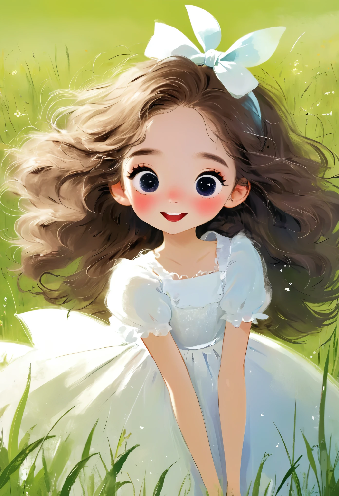 (masterpiece, best quality:1.2), 1 Girl, Solitary, big eyes,Fluffy hair, White Dress,Bow,hapiness,happy,grassland,Rough texture,Hand-drawn style,