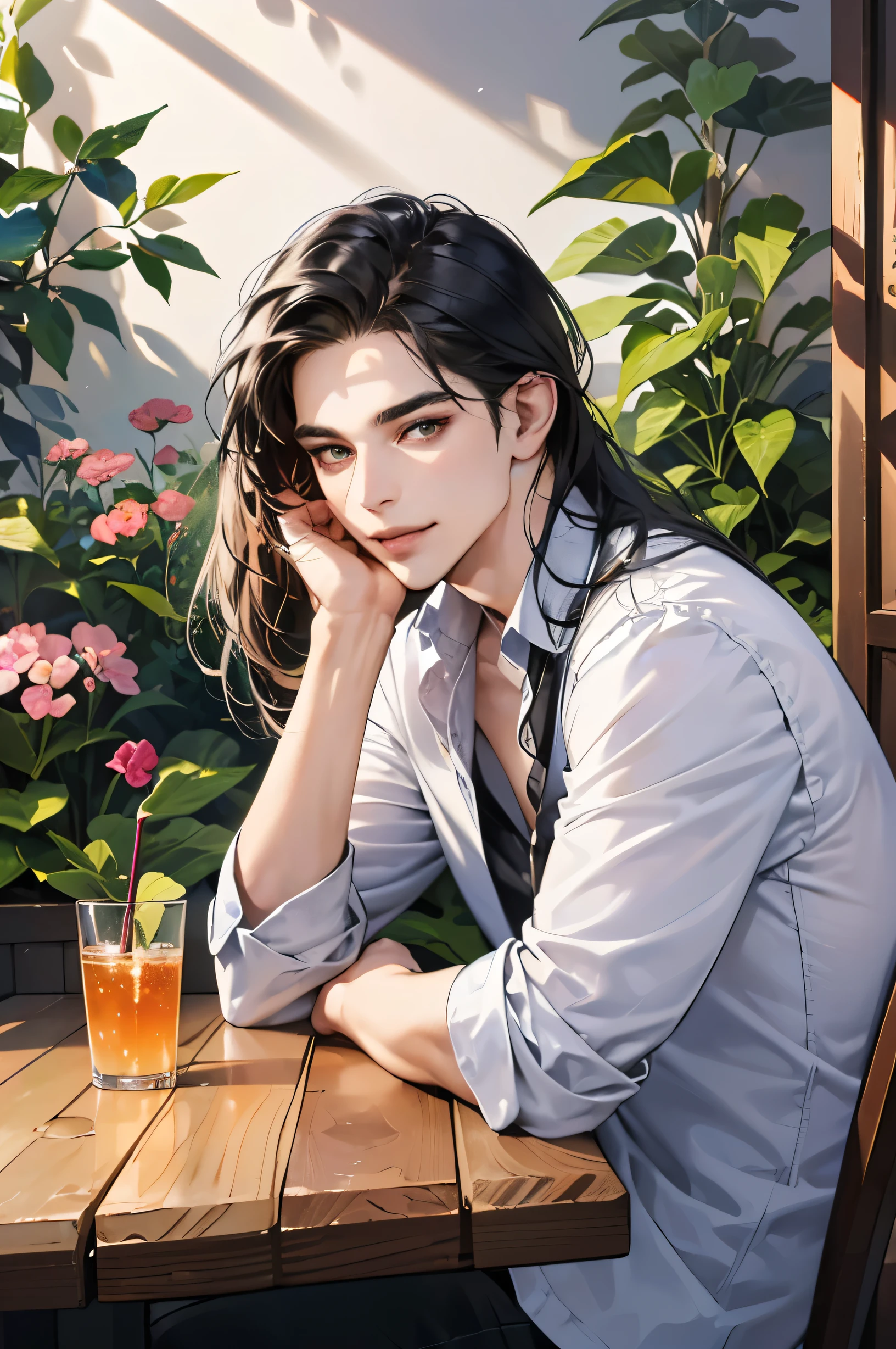 (table top, digital art, digital illustration, 4k, 8k, super detailed, beautiful images, clear image, realistic, RAW photo, perfect face, perfect lines, perfect eyes, soft lighting) ,1 female, (long black hair,straight hair,bullish look,beautiful woman,grace,Make up well,23 is a novel,:1.3),Two handsome men in suits, (human,muscular,solid shoulder width, mens,boyish hairstyle,british gentleman's style,A man in his 30s with a cool expression,28 year old man with a bright smile:1.2),Show your white teeth and smile(embarrassing,shy smile:1.1),garden full of light、squirt、resort sofa、colorful flowers、innocent smile,smile、couple kissing、kiss、the kiss、romance、dinner、drink alcohol、drunk