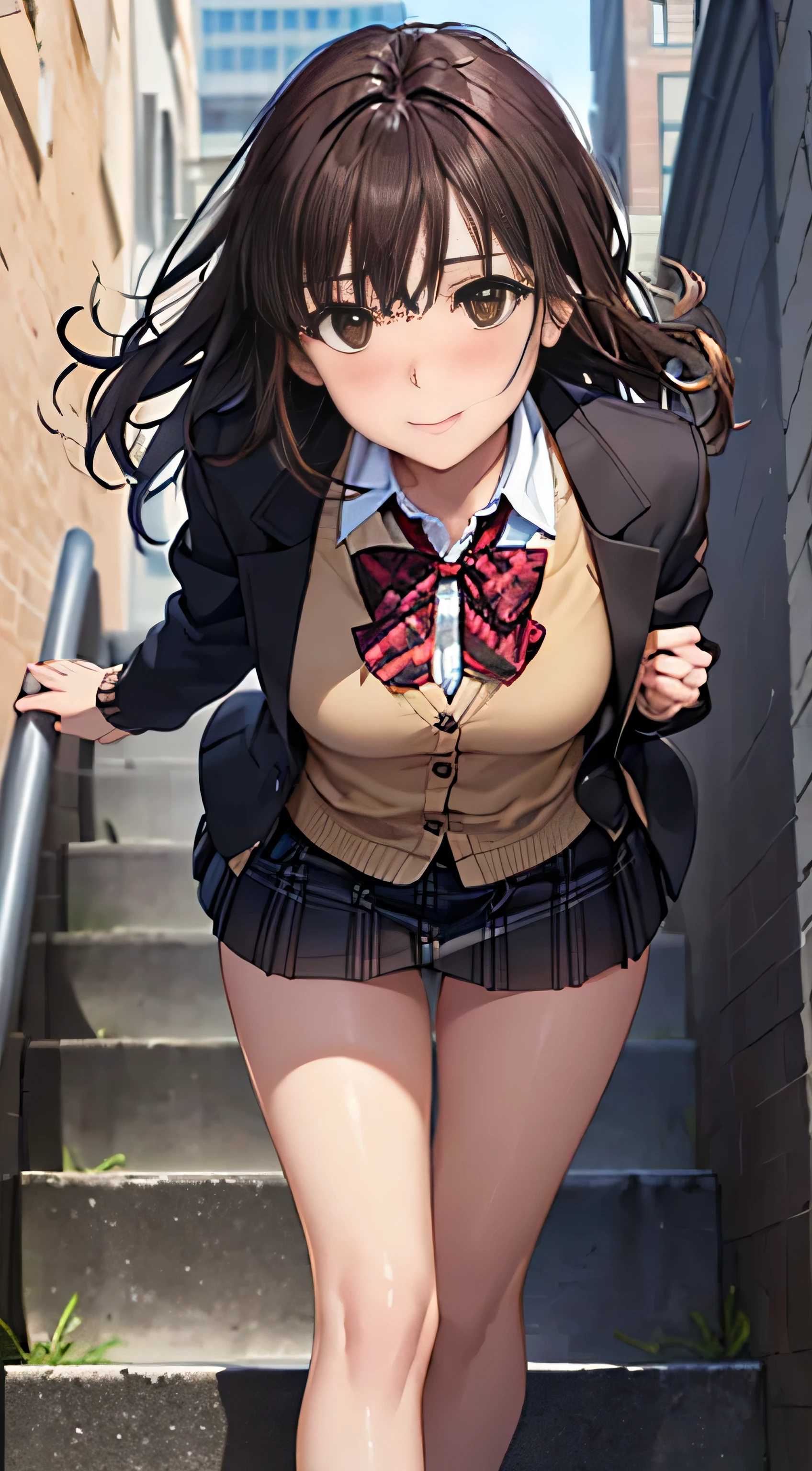 ((Tabletop, highest quality, High resolution, Hmph, Perfect Pixel, 4K, Hmph, Hmph))), One Girl, single, alone, Beauty、The whole body is visible、 ((Mid-wave hair, bangs, Brown Hair)), ((Brown eyes, Beautiful eyelashes, Realistic eyes)), ((Detailed face, Blushing:1.2)), ((Smooth texture:0.75, Realistic texture:0.65, Realistic:1.1, Anime CG Style)), Medium chest, Dynamic Angle, Perfect body, ((Red bow tie, , Black jacket, Open jacket, Brown cardigan, White shirt, Black Skirt, Checked skirt)), City stairs、Looking up from the bottom of the stairs、Very embarrassing panic smile, looked back、Leaning forward、(The wind blew up her skirt, exposing her buttocks....................、Touch your buttocks with both hands、Light blue floral lace panties)、