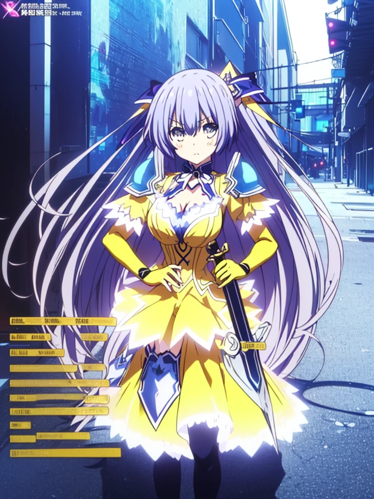 Great quality ++ High resolution extremely detailed, very aesthetic, expressive eyes, perfect face, face symmetrical, good anatomy, perfect hands, 8k, UHD, HD wallpaper, high quality, Ultra detailed, ((((1girl)))), (((standings))), ((((full body)))), (((upper body))), ((((Date A Live)))), ((((Miku Izayoi)))), (((astral dress))), (((Long hair))), (((Light Indigo hair))), (((Silver eyes))), (((weapon))), (((armor))), (((sword))), ((((yellow dress)))), white polkadots on dress, long gloves, elbow gloves, (((asymmetrical body))), (((asymmetrical hair))), (((asymmetrical clothes))), (((school background))),
