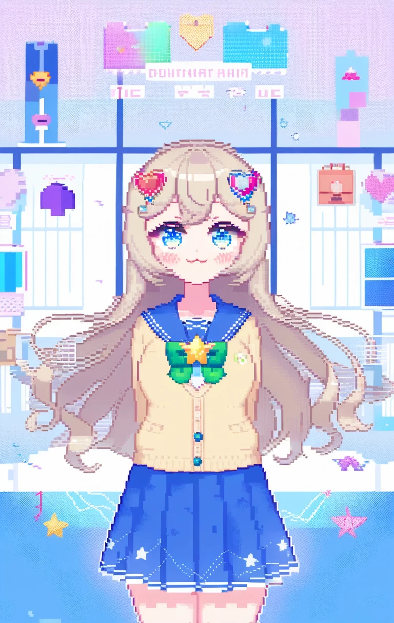 1 Girl,Nervous man,indie Virtual YouTuber,Sadex,score: General,:3,^_^,bandage,blue eyes,blue Sailor collar,blue skirt,blush,boundary,bow,bowtie,cable,Cardigan,Character Name,Close your eyes,cursor,Diffraction spike,electric plug,eyelash,floating,floating hair,gear,green bow,green bowtie,Hair accessories,Halftone,hand cursor,Heart,Heart Hair accessories,Heart print,Hourglass,Light brown hair,Long hair,Looking at the audience,look up,magnifier,microphone,Pixel Art,pixel Heart,plug,plus,Sailor collar,,Setofuku,skirt,Solitary,Star (Symbolism),Star print,Virtual YouTuber,white boundary,window (calculated),yellow Cardigan,up to date,absurd,high resolution,Normal quality,