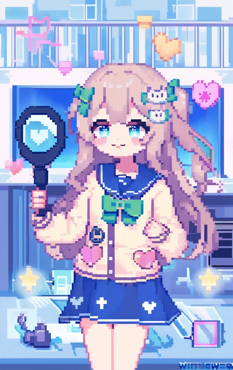 1 Girl,Nervous man,indie Virtual YouTuber,Sadex,score: General,:3,^_^,bandage,blue eyes,blue Sailor collar,blue skirt,blush,boundary,bow,bowtie,cable,Cardigan,Character Name,Close your eyes,cursor,Diffraction spike,electric plug,eyelash,floating,floating hair,gear,green bow,green bowtie,Hair accessories,Halftone,hand cursor,Heart,Heart Hair accessories,Heart print,Hourglass,Light brown hair,Long hair,Looking at the audience,look up,magnifier,microphone,Pixel Art,pixel Heart,plug,plus,Sailor collar,,Setofuku,skirt,Solitary,Star (Symbolism),Star print,Virtual YouTuber,white boundary,window (calculated),yellow Cardigan,up to date,absurd,high resolution,Normal quality,