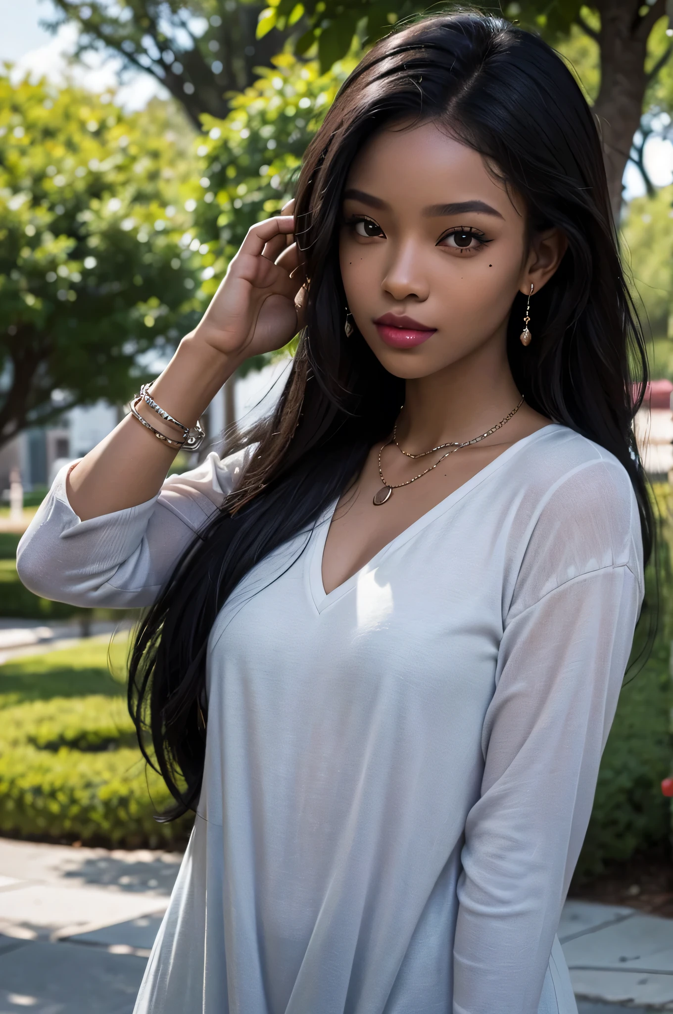 A black woman with dark skin is the main subject of the portrait. Her hair is styled in elaborate copper braided hair, shining beautifully. Her smooth skin is flawlessly highlighted, and she has a mole on her cheek that adds a touch of charm. She has luscious, juicy red lips that stand out. Her makeup gives her a stunning baddie look, enhancing her natural beauty. She is dressed in a stylish street outfit, reflecting her unique personality. Her body has an hourglass shape, making her figure alluring and voluptuous.

The woman wears black sunglasses that add an element of mystery to her appearance. She has a piercing, which adds an edgy and rebellious vibe. Additionally, she has angel fangs that peek out when she smiles, giving her an intriguing and ethereal quality. Her silver accessories, such as necklaces, bracelets, and rings, complement her overall look and add a touch of glamour.

The portrait is set in a park scenario. The lush greenery creates a serene and natural backdrop for the woman. The lighting is softly diffused, highlighting her features and creating a flattering atmosphere. The color palette is rich and vibrant, with warm tones that accentuate her dark skin and the overall mood of the portrait.

This prompt ensures the best quality, with a focus on ultra-detailed and realistic representation. The level of detail in the artwork will be akin to a masterpiece, with high resolution (4K, 8K) that captures every intricate element. The portrait will have a photorealistic touch, making it appear as if it were a photograph brought to life.

Overall, this prompt aims to create a powerful and captivating portrait of a black woman with a unique style and alluring features.