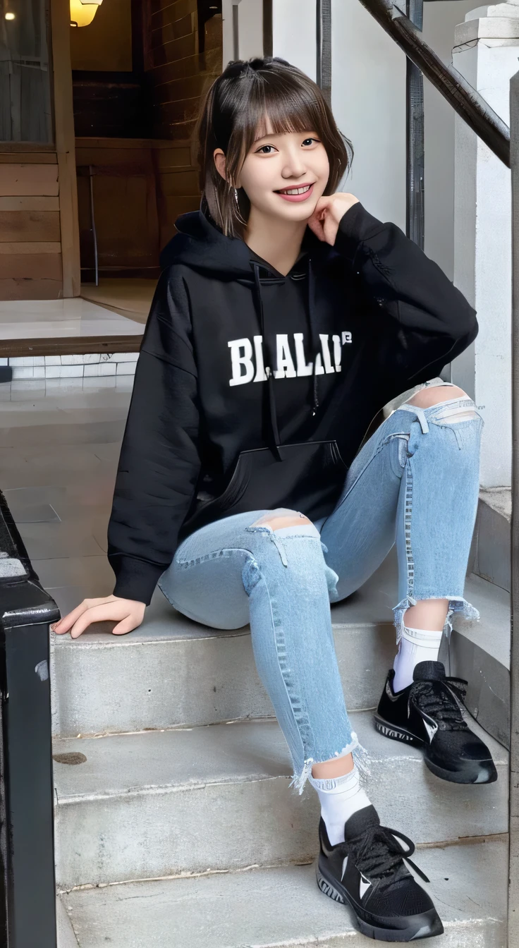 highest quality, Realistic, Very detailed, Finer details, High resolution, 8k wallpaper, One beautiful woman,Sit on the stairs、smile、(Black socks)、 Oversized hoodie, Skinny jeans,( Black sneakers)、Black Hair、 Beautiful Bangs、ear piercing、Perfect dynamic composition, Beautiful and detailed, Full Body Shot, A big smile waiting to start