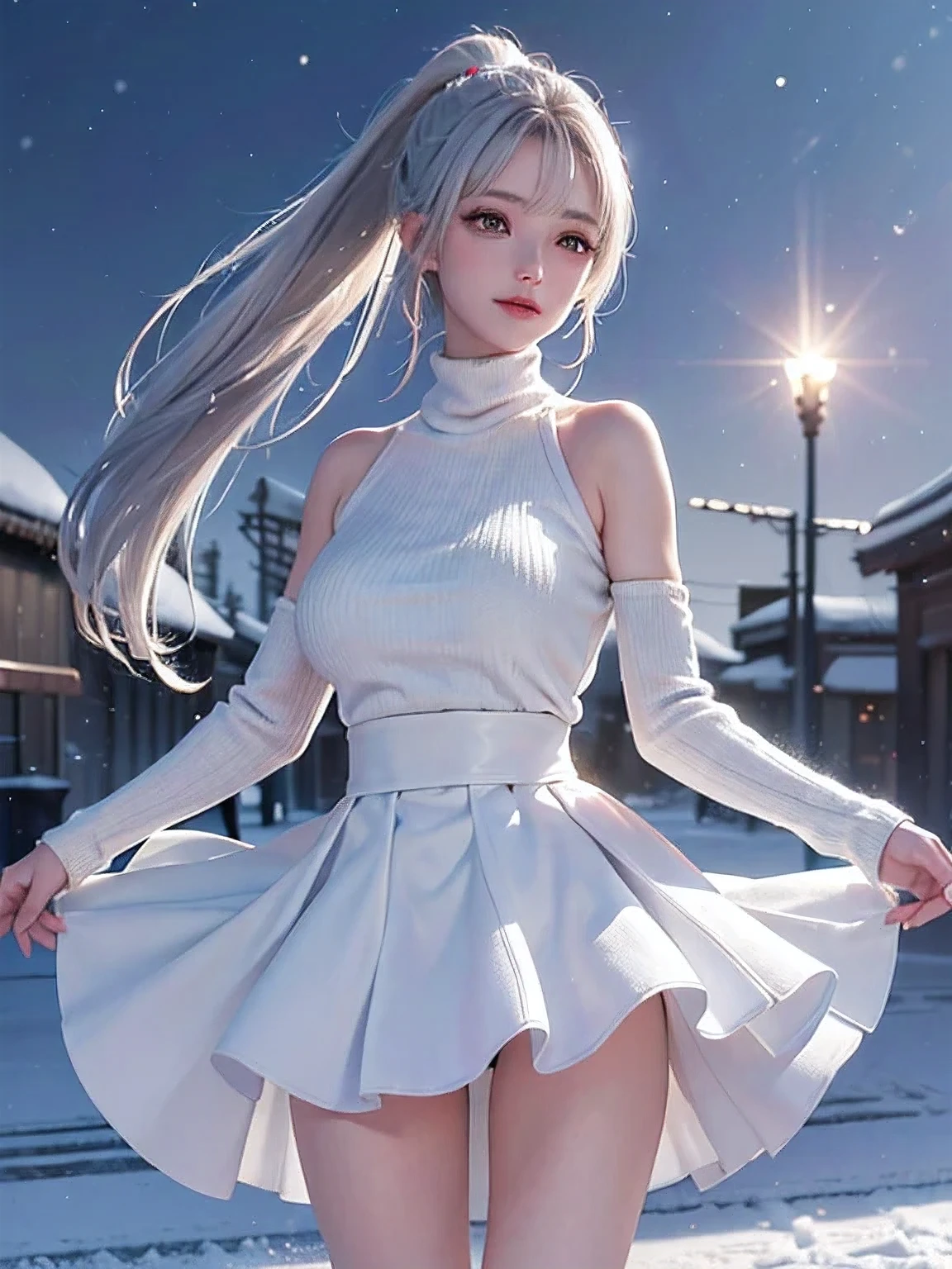 ((Image above the knee))((masterpiece:1.5、8k、Tabletop、Photorealistic and very detailed CG、Very detailed、Particle Effects、Dynamic Effects、Written boundary depth、Cinematic Light、Lens flare、Ray Tracing、Tabletop、Realistic:1.4、超A high resolution:1.2、Realistic、Realistic))((alone、Warm clothes 1.8、oversized_sweater,Exposing shoulders,Elegant woman posing、Detailed face、Bright expression、young, Brighter, Whiter skin、Ample breasts、Best Looks、Ultimate beauty、Silver hair with shiny highlights、Bright shiny hair,、Super long, A ponytail hairstyle that is longer than your height、Hair dancing in the wind))(morning、The setting is a snow-covered urban station、Surrounded by winter illuminations)