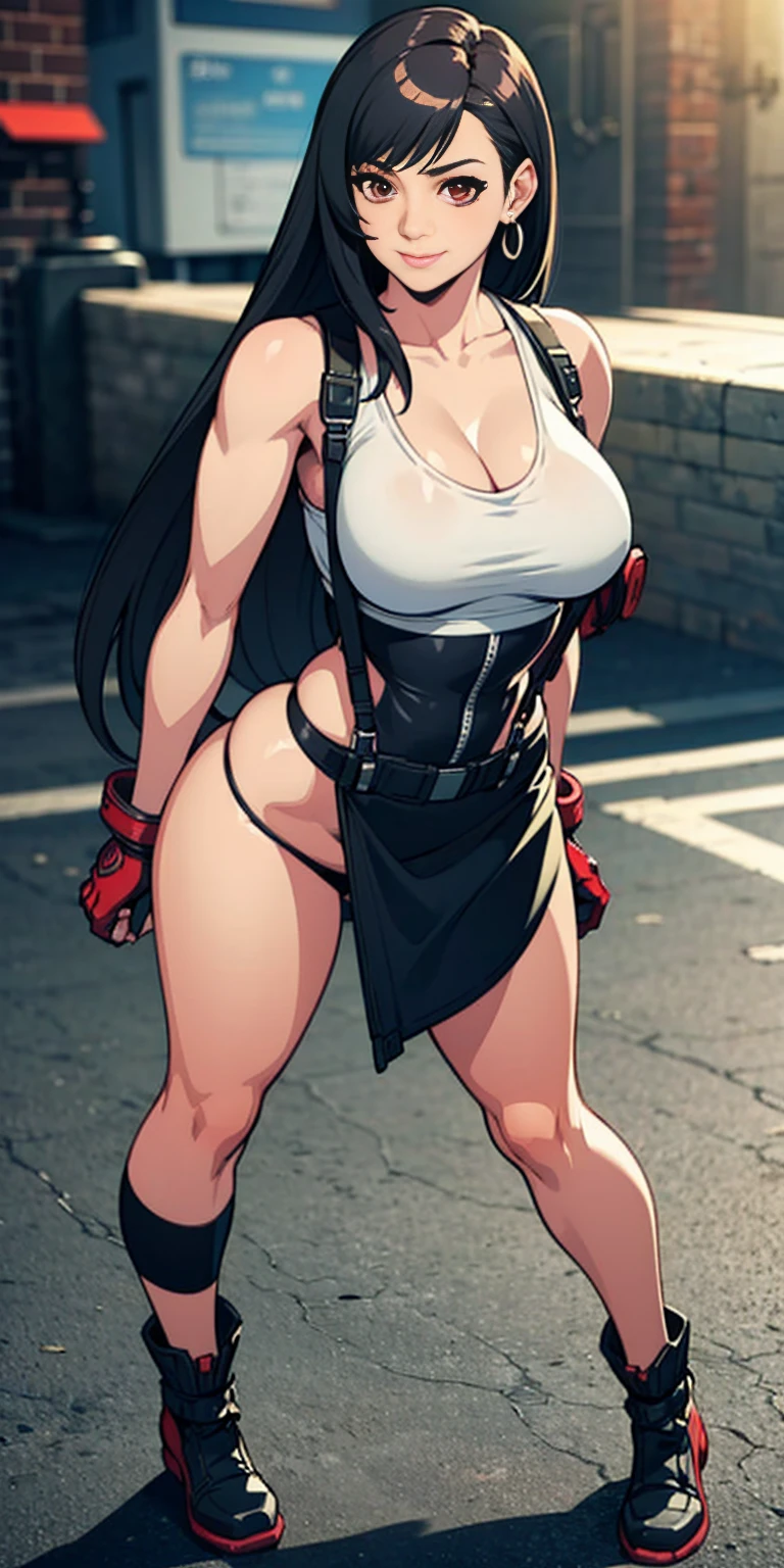 (8k, best quality, masterpiece:1.2) (realistic, photo-realistic:1.37) (full body) 1female solo girl, standing, legs apart (wide stance) standing contrapposto, ultra-detailed, cute (Tifa Lockhart) (large breasts:1.5) (beautiful detailed eyes) (smile:1.2) (closed mouth) sharp focus, depth of field, good composition, Final Fantasy VII, very long straight hair, hair bang ((red eyes)), intricate, bokeh (Tetsuya Nomura style) perfect breasts, white tank top, black thong, suspenders, gloves, stockings, toned body, athletic, wide hips, thin waist, toned arms, exposed abdomen, view from behind