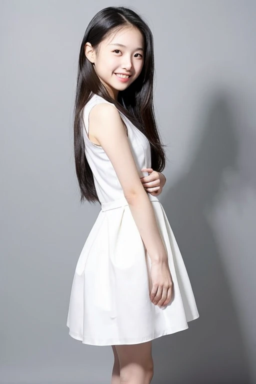 Beautiful and very young cute Japanese woman, inorganic Snow White background, natural skin, cute smile with closed mouth, neat long straight black hair, forehead visible, face that looks young, , short stature, sleeveless dress, natural Skin, standing tall, full body photo, serious and honor student atmosphere, correct posture, upper body