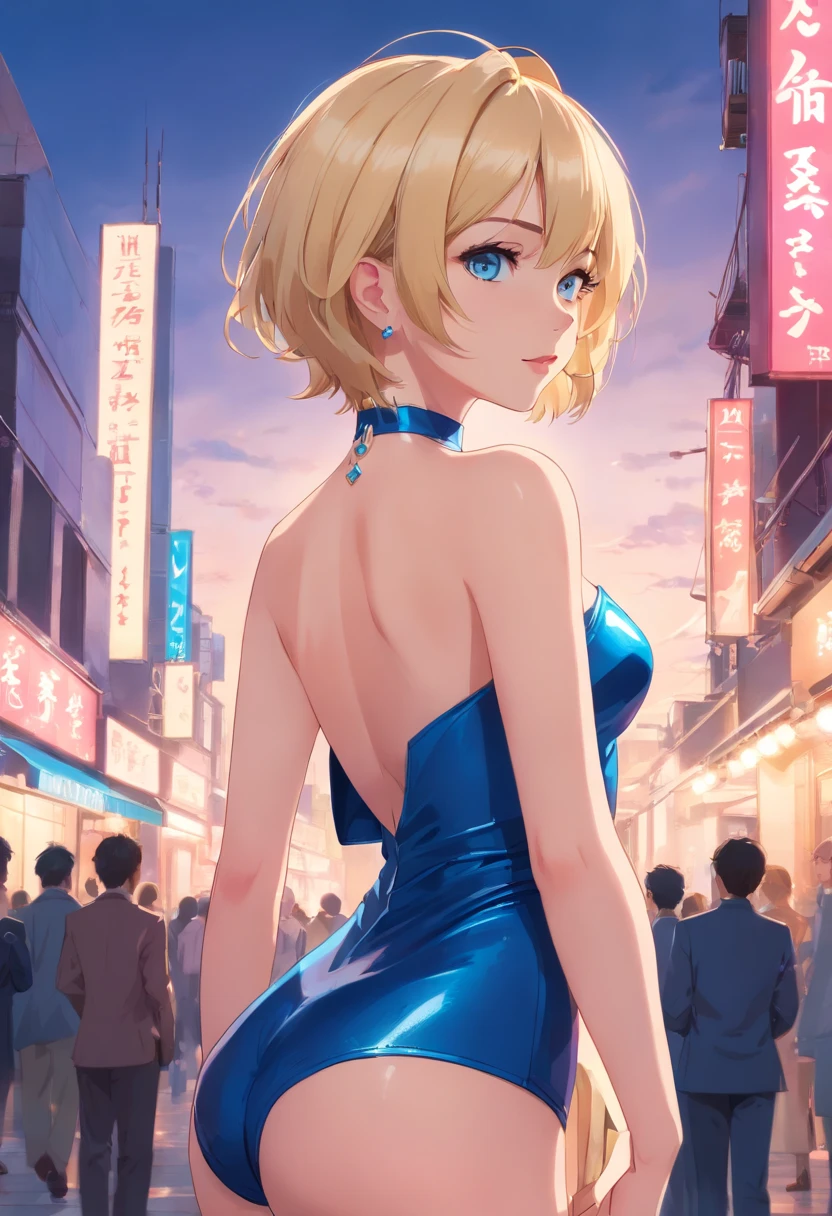 17 years old Women, ((Blonde)), ((Blue eyes)), ((Short hair)), ((Full shot)), very detailed makeup, pale pink lipstick, long earrings, bare shoulders and jewelry necklace, in a backless, strapless red latex suit, standing looking back showing a slight smile,