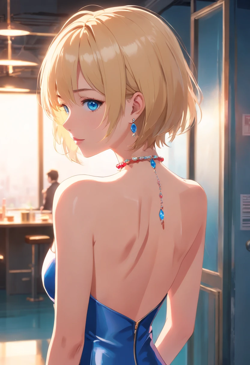 Women, ((Blonde)), ((Blue eyes)), ((Short hair)), ((Full shot)), very detailed makeup, pale pink lipstick, long earrings, bare shoulders and jewelry necklace, in a backless, strapless red latex suit, standing looking back showing a slight smile,
