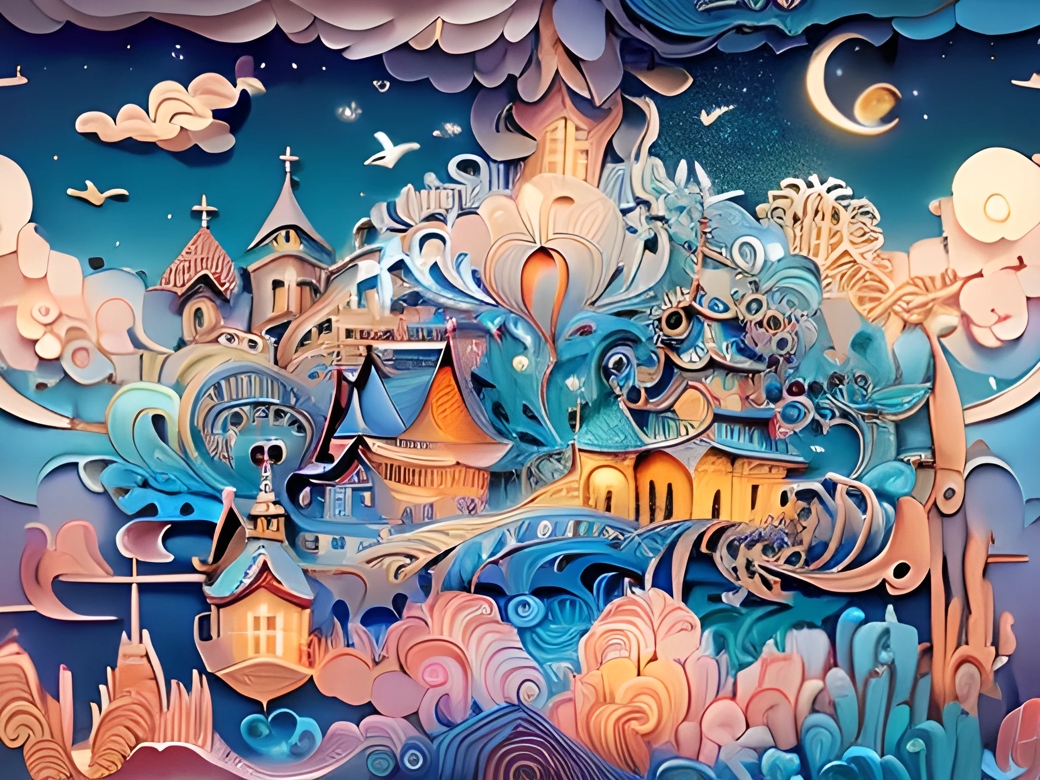 (((masterpiece))),best quality, illustration,  sky, cloud, water, star \(symbol\), tree, no humans, night, bird, moon, building, star \(sky\), night sky, scenery, starry sky, watercraft, castle, ship, waves, tower, boat. vibrant color scheme, Soft light,(warm color:1.2),Water color painting, light background, best quality exquisite details,3d rendering,Octane render, pastel, paper_cut