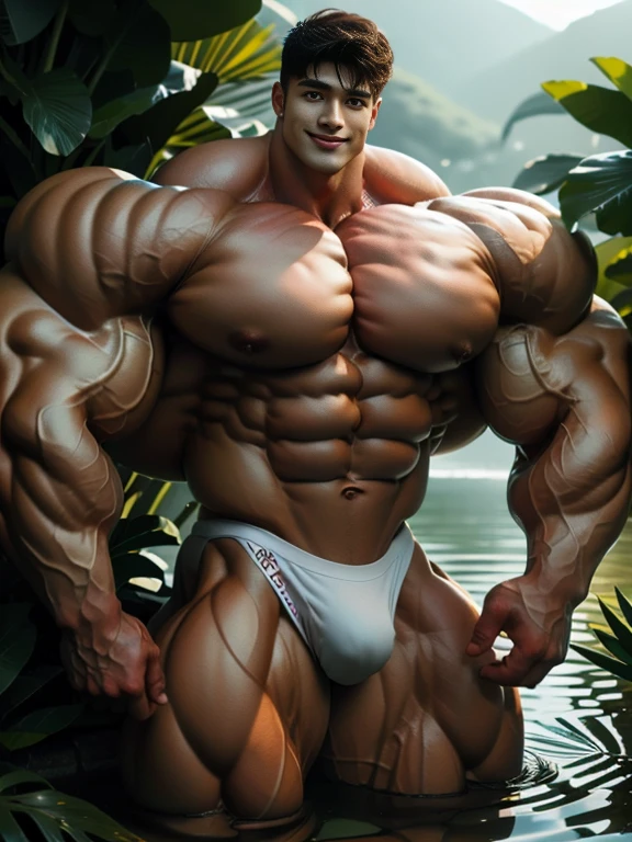 (best quality:1.5, hyperrealistic:1.5, photorealistic:1.5, madly detailed CG unity 8k wallpaper:1.5, masterpiece:1.3, enthusiastically detailed photo:1.2), (hyper-realistic lifelike texture:1.4), highly detailed, ((masterpiece, best quality)), 1 korean male, 20yo, handsome, detailed face, tiny head, heavy muscular, naked, underwear, prominent bulge, photo real, summer day, big, brutalmass, giant, muscular body, bulk, massive body, large body size, smile, large city green garden, outdoor, full brightness