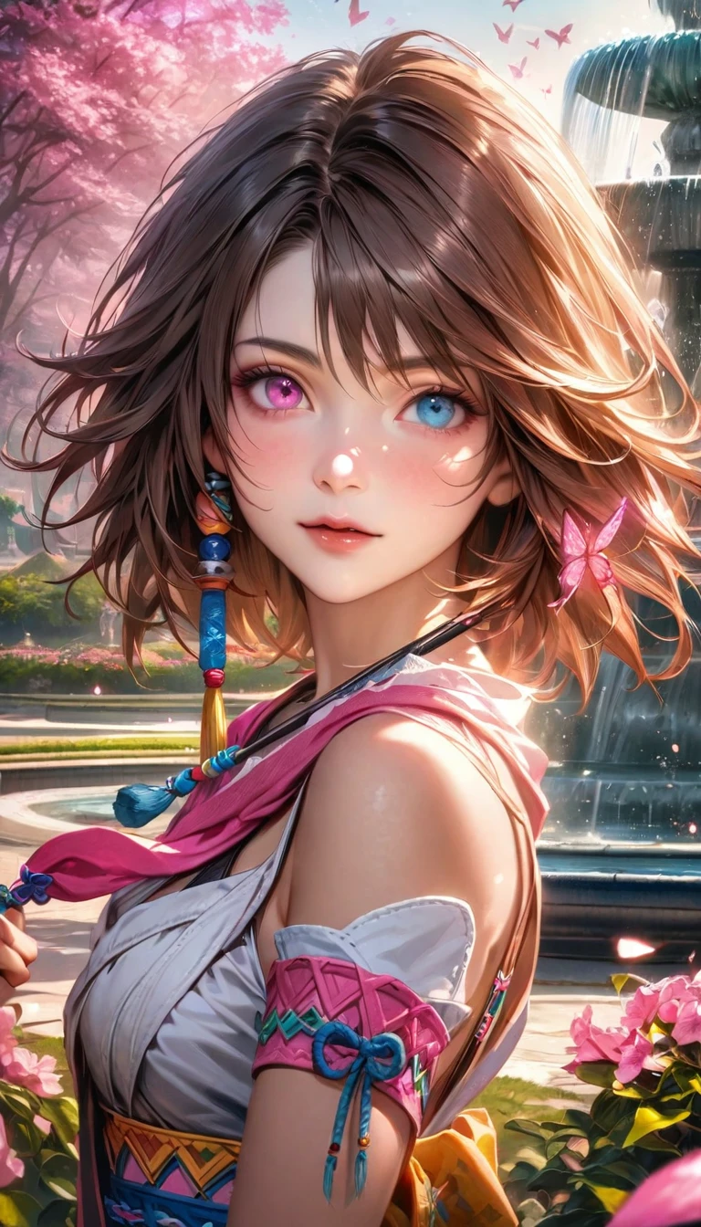 absurdres, highres, ultra detailed, HDR, master piece, ultra detailed picture, extremely detailed face and eyes, realistic face, Yuna, brown hair, heterochromia, left eye blue, right eye green, Final Fantasy X, solo, woman, extremely beautiful, pink flowers, park, fountain, pink trees, pink butterflies,