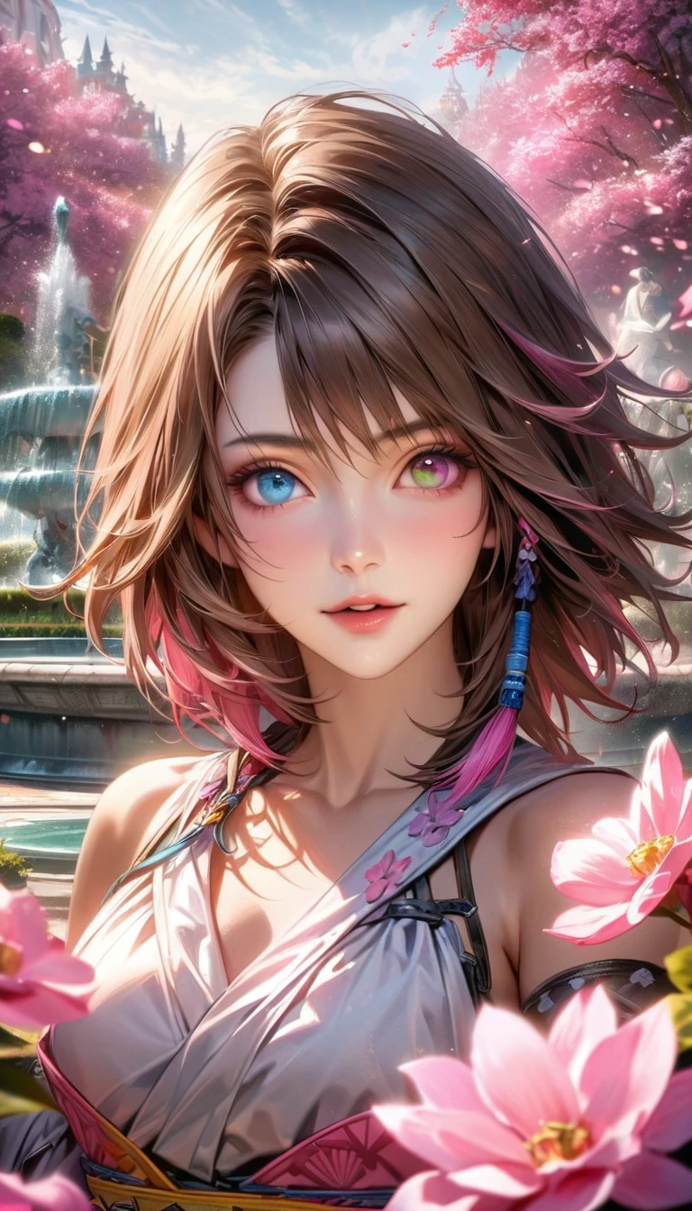 absurdres, highres, ultra detailed, HDR, master piece, ultra detailed picture, extremely detailed face and eyes, realistic face, Yuna, brown hair, heterochromia, left eye blue, right eye green, Final Fantasy X, solo, woman, extremely beautiful, pink flowers, park, fountain, pink trees, pink butterflies,