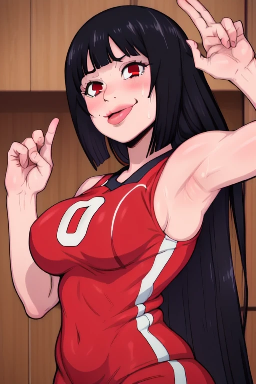 masterpiece, best quality, jabami yumeko, looking at viewer, black hair, red eyes color, wearing volleyball uniform ,large breasts, upper body, portrait, looking at viewer, seductive smile,both hands raised, armpits, armpits visible, sweaty armpits, sticking her tongue out,