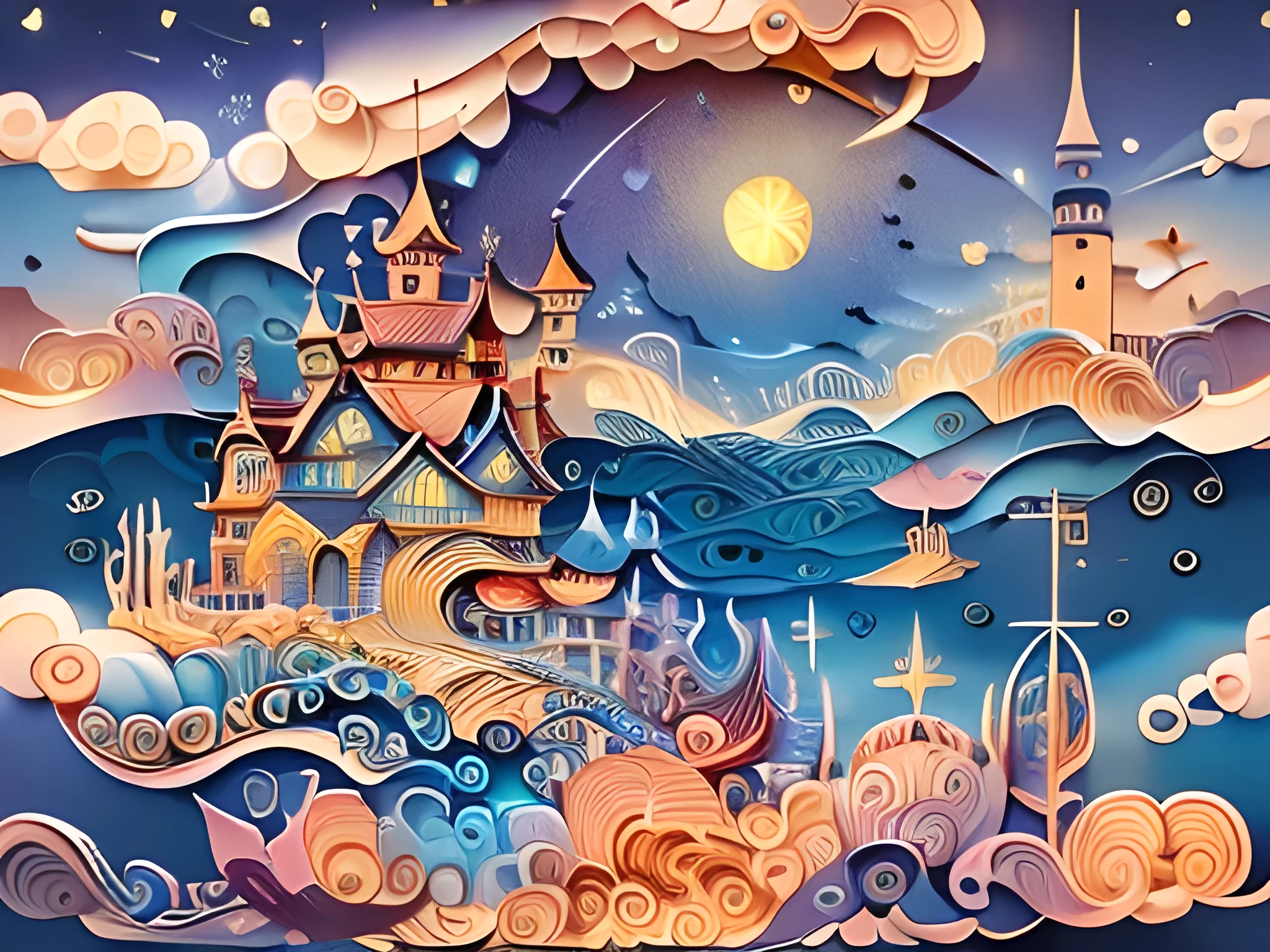 (((masterpiece))),best quality, illustration,  sky, cloud, water, star \(symbol\), tree, no humans, night, bird, moon, building, star \(sky\), night sky, scenery, starry sky, watercraft, castle, ship, waves, tower, boat. vibrant color scheme, Soft light,(warm color:1.2),Water color painting, light background, best quality exquisite details,3d rendering,Octane render, pastel, paper_cut