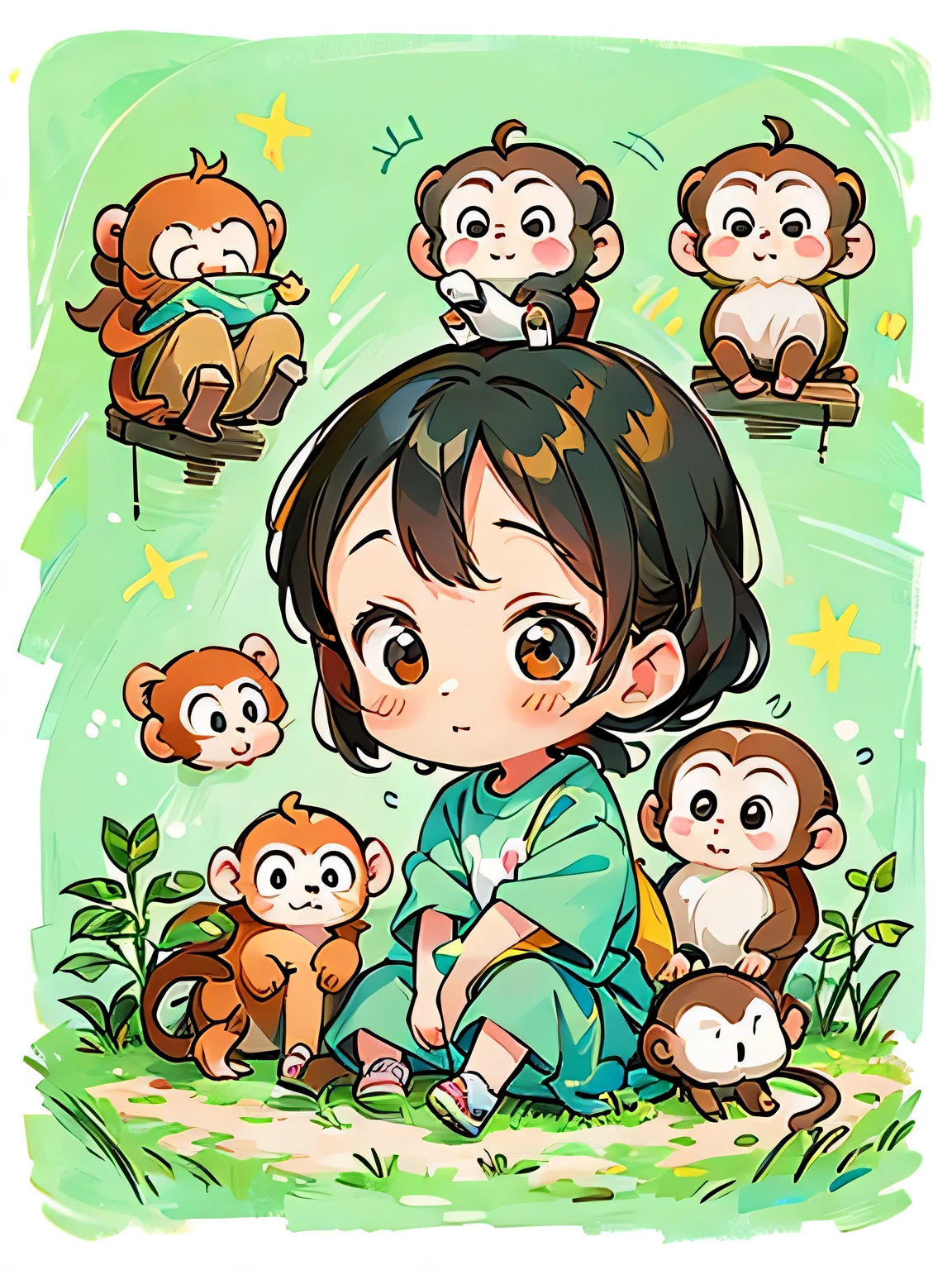 Ai Yazawa style, Kawaii Design, Chibi、Cute monkey, monkey forest