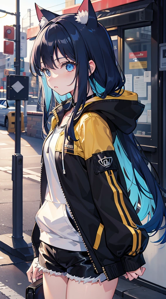 masterpiece,(best quality),Very detailed,Super detailed, Light, golden hour Lighting, Strong shadows, on the street, blue eyes:Eye roll:0.5, Blue Hair:Black Hair:0.8, Long hair, 1 Girl, Cat ears, Animal ears, Black jacket, black hood, black hoodie, Black tights, black shorts, permanent, Looking at the audience, cat ear earphone, Hood down, Long sleeve, earphone, shorts
