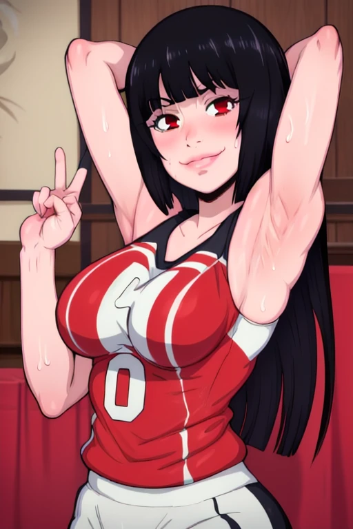 masterpiece, best quality, jabami yumeko, looking at viewer, black hair, red eyes color, large breasts, upper body, portrait, looking at viewer, seductive smile,both hands raised, armpits, armpits visible, sweaty armpits,, wearing volleyball uniform