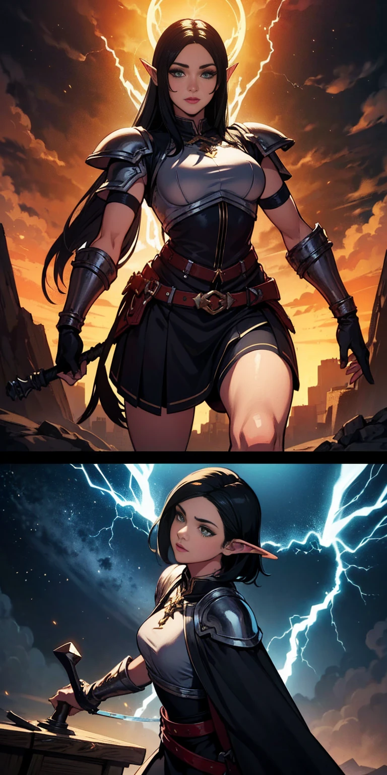 high details, best quality, 8k, [ultra detailed], masterpiece, best quality, (extremely detailed), dynamic angle, ultra wide shot, photorealistic, fantasy art, dnd art, rpg art, realistic art, an ultra wide picture of female elf cleric, holding a hammer, hammer in ligor with lightning sigils (1.5 intese details, Masterpiece, best quality), red cloak (1.5 intricate details, Masterpiece, best quality), holy htning, casting a spell, yellow magical lightning (1.5 intricate details, Masterpiece, best quality), wearing black armor, plate mail armor, elven armsymbol, blue light from symbol, black hair (1.5 intese details, Masterpiece, best quality), short hair, small pointed eard, intense eyes, green eyes, D&D female elf (1.5 intricate details, Masterpiece, best quality) fantasy temple background, lightning storm background, ((divine worship atmosphere)), high details, best quality, highres, ultra wide angle